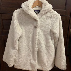 Patagonia Girls White Fleece Faux Fur Jacket Coat 2 Buttons Size L (12)